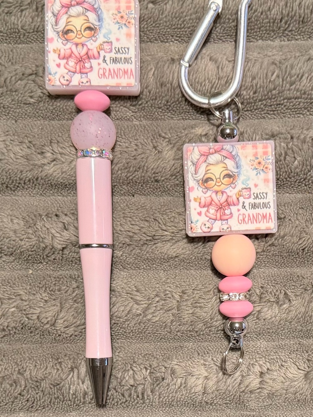 Pink Beaded Pen and Charm Keychain Set
